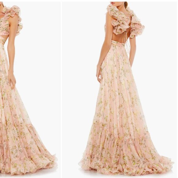MAC DUGGAL 67803 RUFFLE TIERED FLORAL CUTOUT CHIFFON PINK MULTI GOWN 2 - Picture 5 of 6